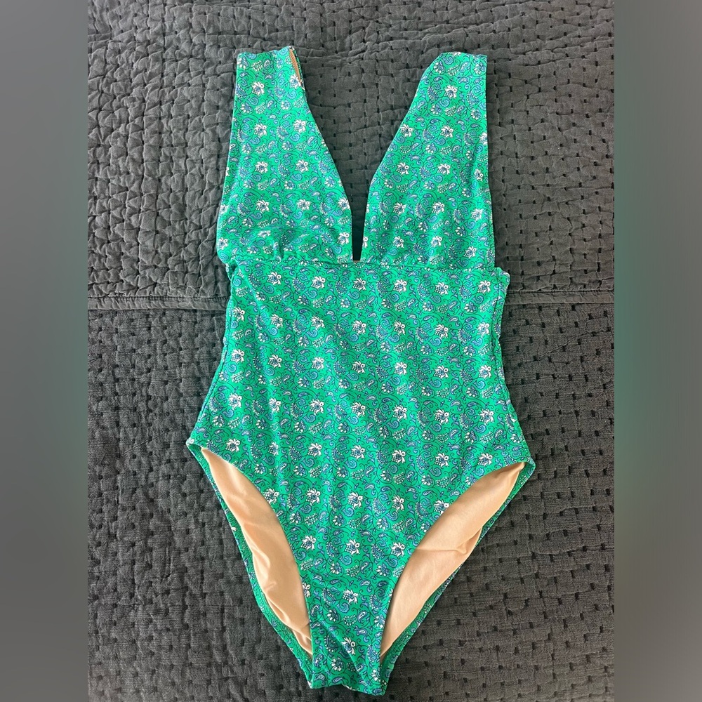 J. Crew Factory Green Floral V-Neck One-Piece Swimsuit - Picture 3 of 4
